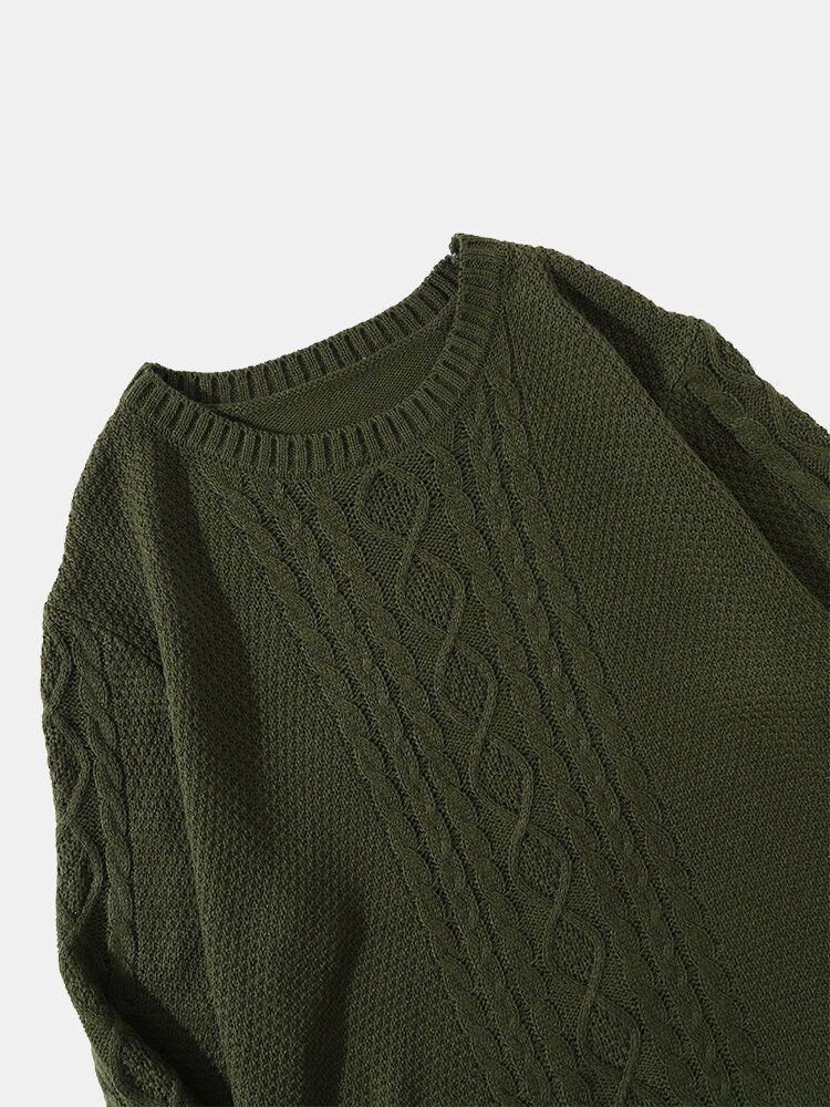 Män Solid Cable Stickad Rundhalsad Casual Pullover Tröjor