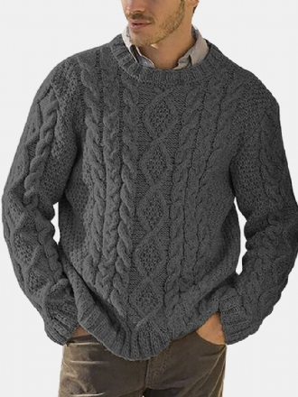 Män Solid Cable Stickad Rundhalsad Casual Pullover Tröjor