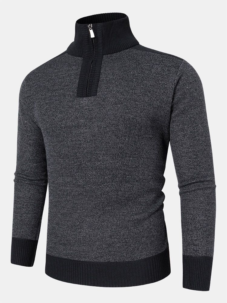 Män Stickad Pure Solid Pullover Zip Stand Krage Sammeter Varm Tröja