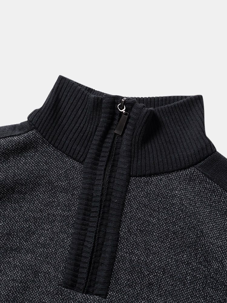 Män Stickad Pure Solid Pullover Zip Stand Krage Sammeter Varm Tröja