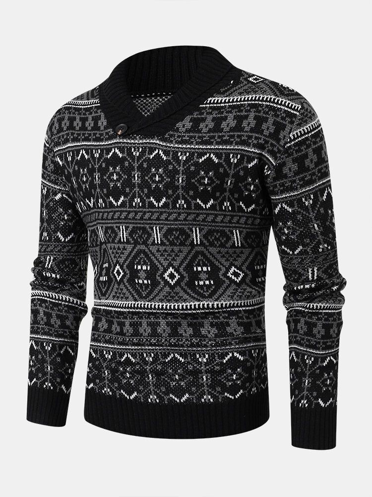 Män Stickad Tryckt V-ringad Lapel Pullover Casual Tröjor