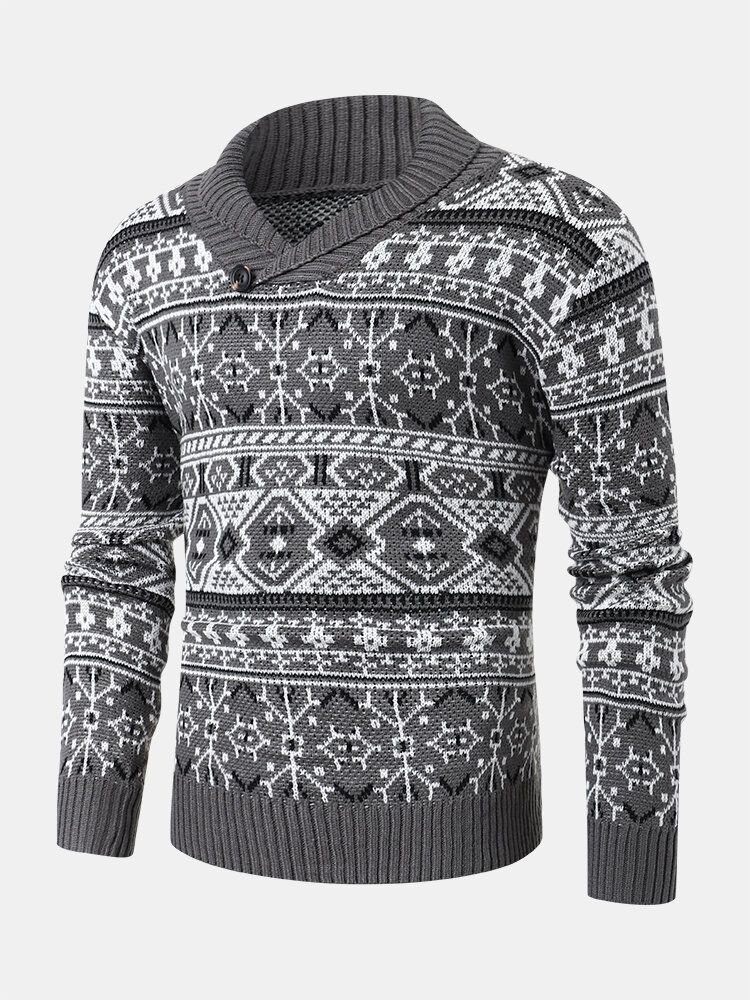 Män Stickad Tryckt V-ringad Lapel Pullover Casual Tröjor