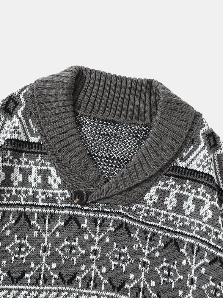 Män Stickad Tryckt V-ringad Lapel Pullover Casual Tröjor