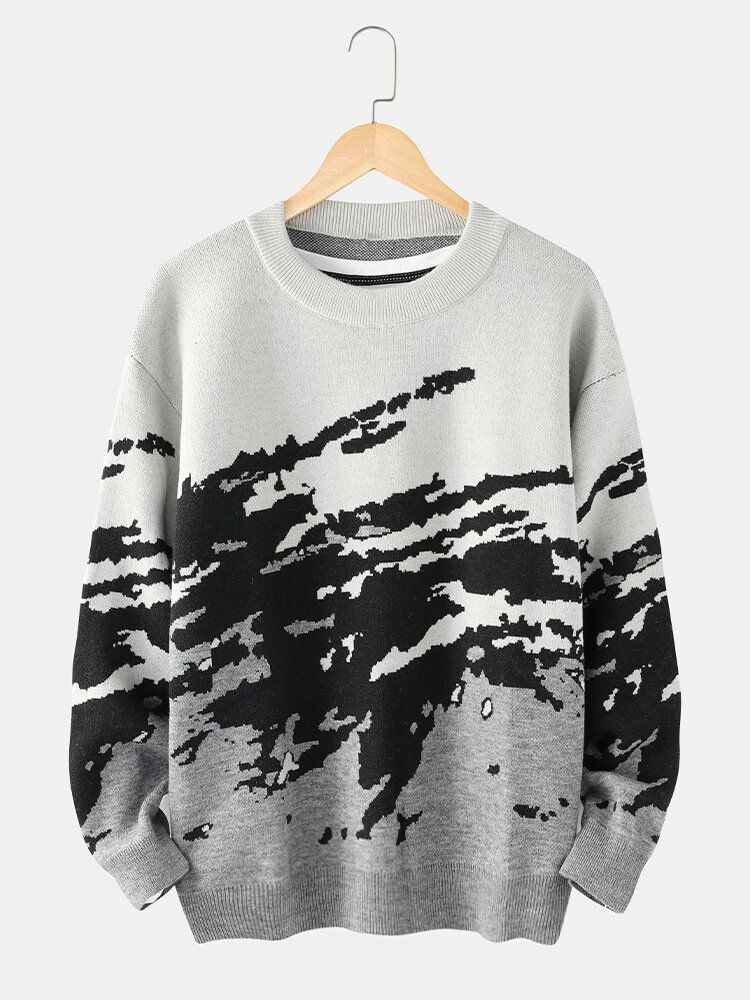 Ribbstickat Mönster För Män Drop Shoulder Casual Pullover-tröjor