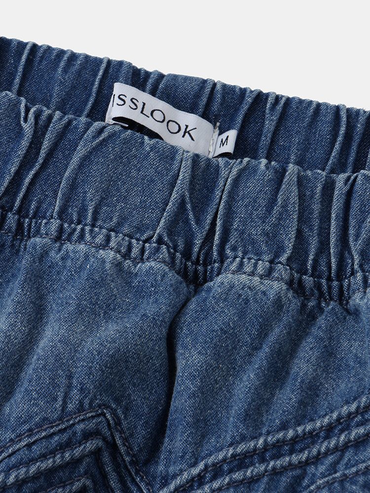 Kvinnor Nödställd Enfärgad Elastisk Midja Lös Jeanskjol Med Ficka