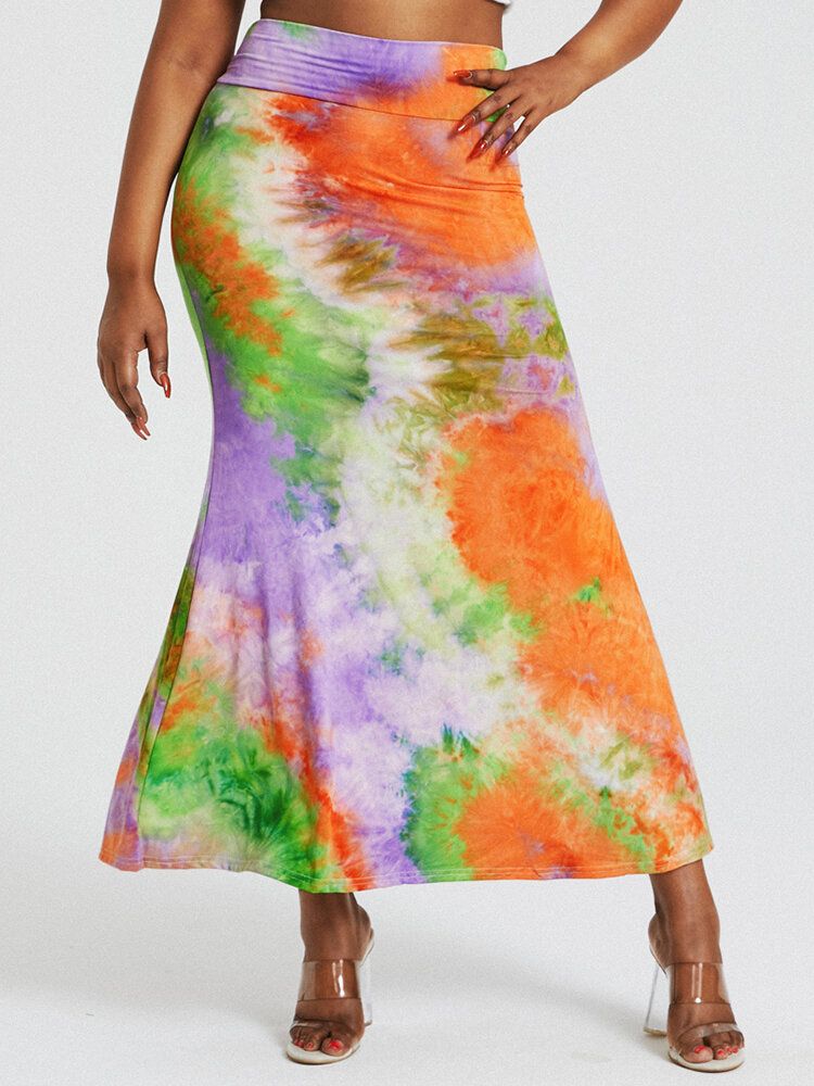 Tie Dye Print Hög Midja Rumpa Bodycon Lång Kjol