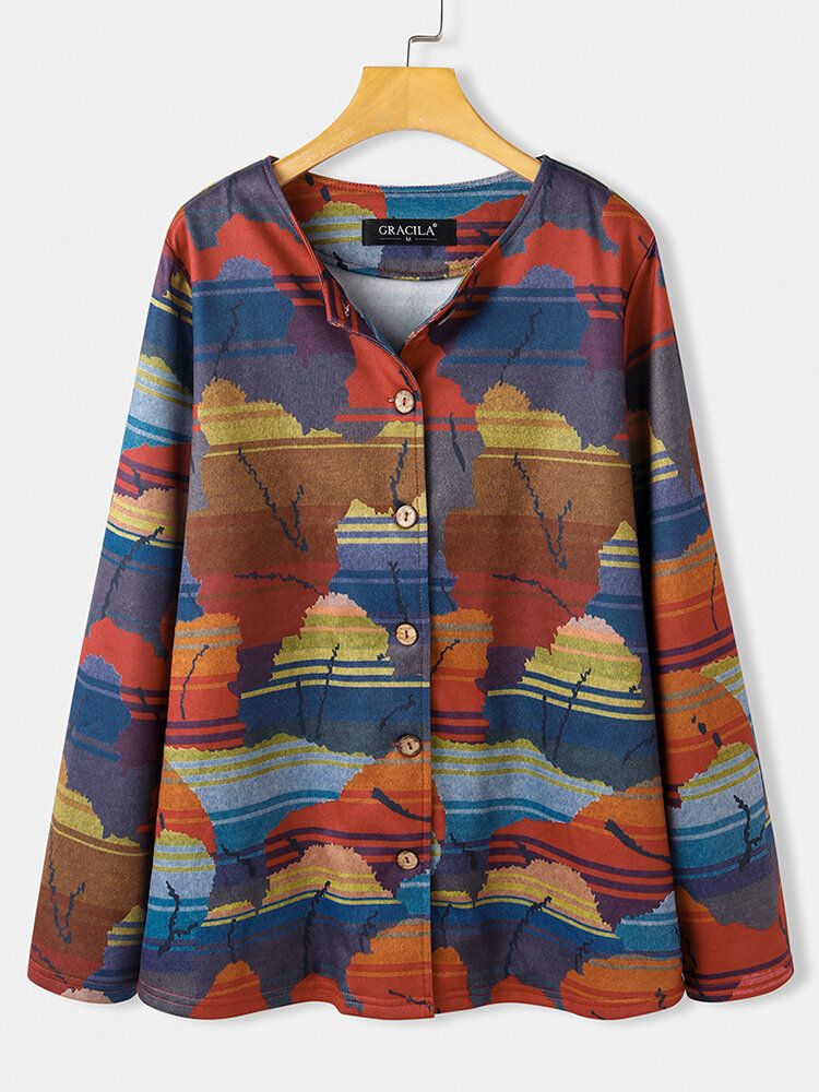 Dam All Over Abstrakt Print Button Up O-ringad Casual Coats