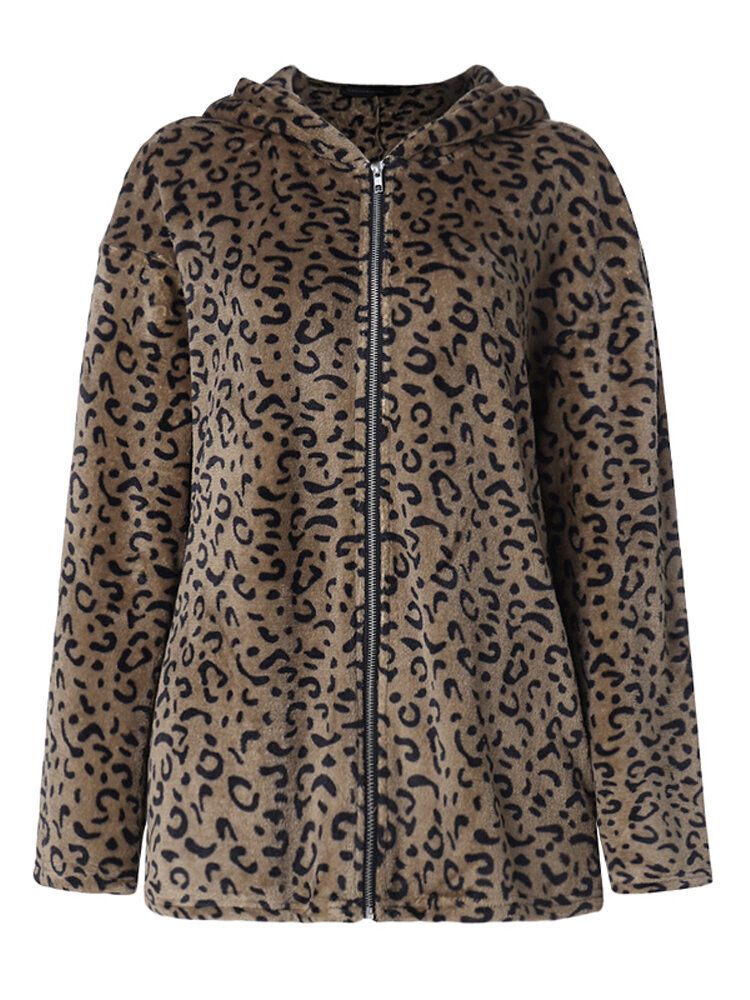 Kvinnor Casual Zip Up Leopard Print Huvkappor