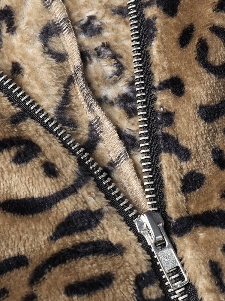 Kvinnor Casual Zip Up Leopard Print Huvkappor