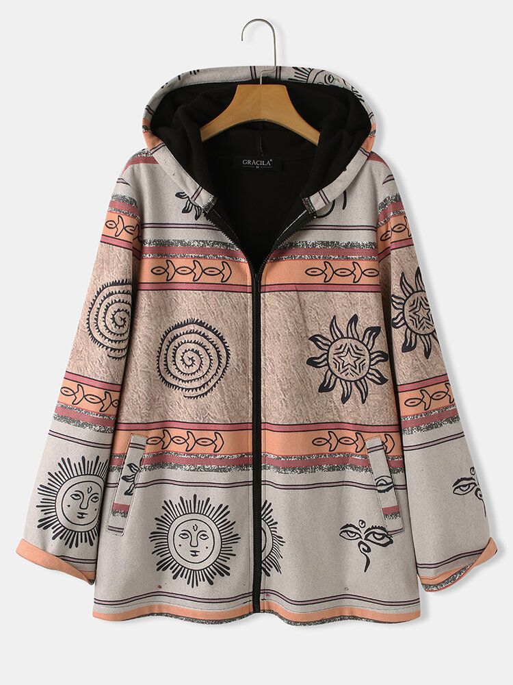 Kvinnor Celestial Print Zip Up Etnisk Stil Huvkappor Med Ficka