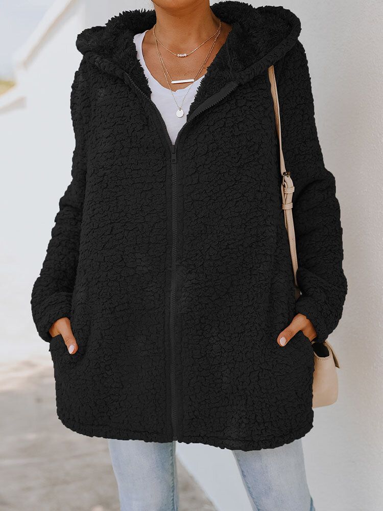 Kvinnor Solid Hooded Fleece Dragkedja Front Fluffig Lös Casual Coat