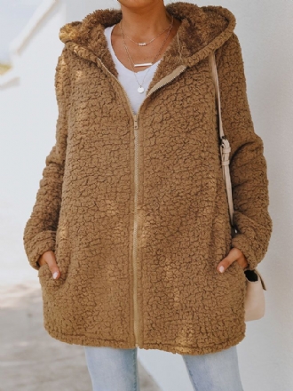 Kvinnor Solid Hooded Fleece Dragkedja Front Fluffig Lös Casual Coat