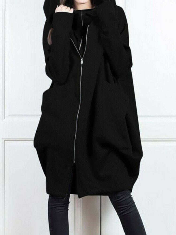 Kvinnor Solid Zip Front Fakes 2st Pocket Hooded Casual Coat