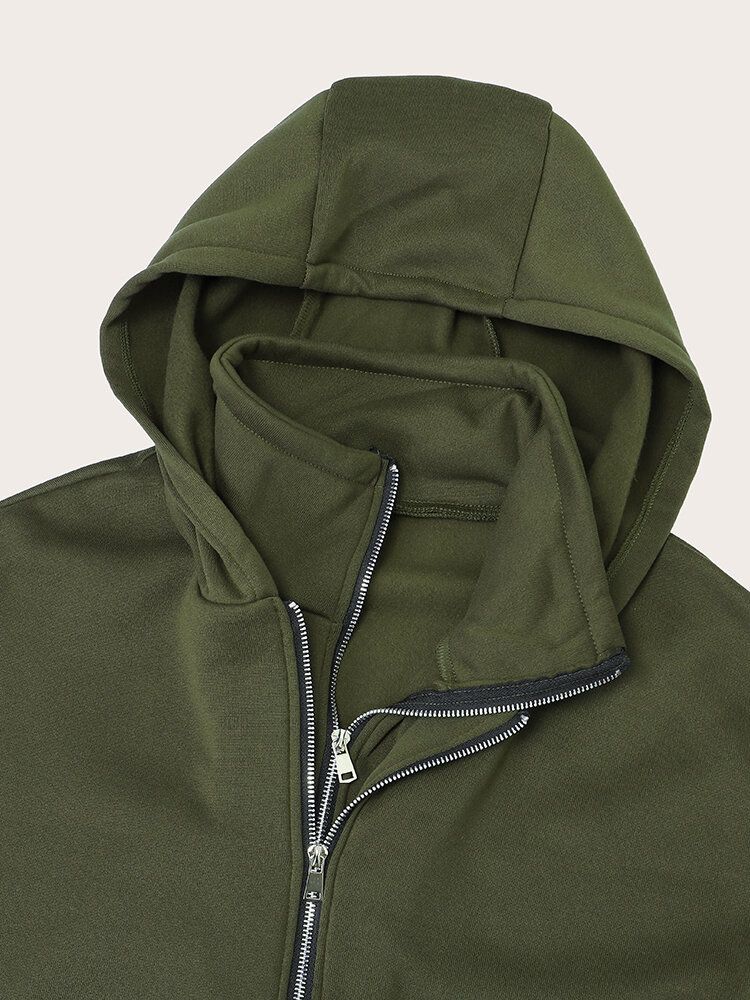 Kvinnor Solid Zip Front Fakes 2st Pocket Hooded Casual Coat