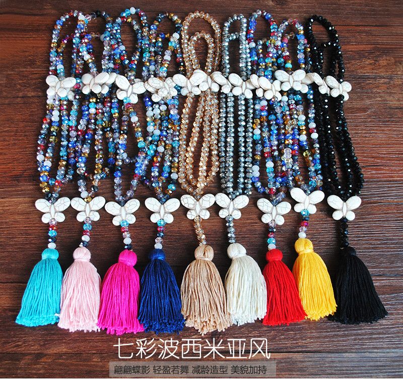 Bohemian Butterfly Tassel Hänge Halsband Etnisk Handgjord Transparent Bead Långt Halsband