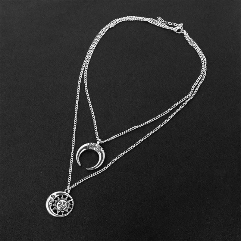 Vintage Sun Moon Hänge Halsband Charm Chain Flerlagers Halsband Smycken För Kvinnor