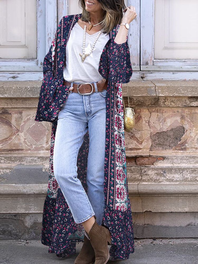 Bohemian Holiday Floral Print Bell Long Sleeve Open Front Cardigan