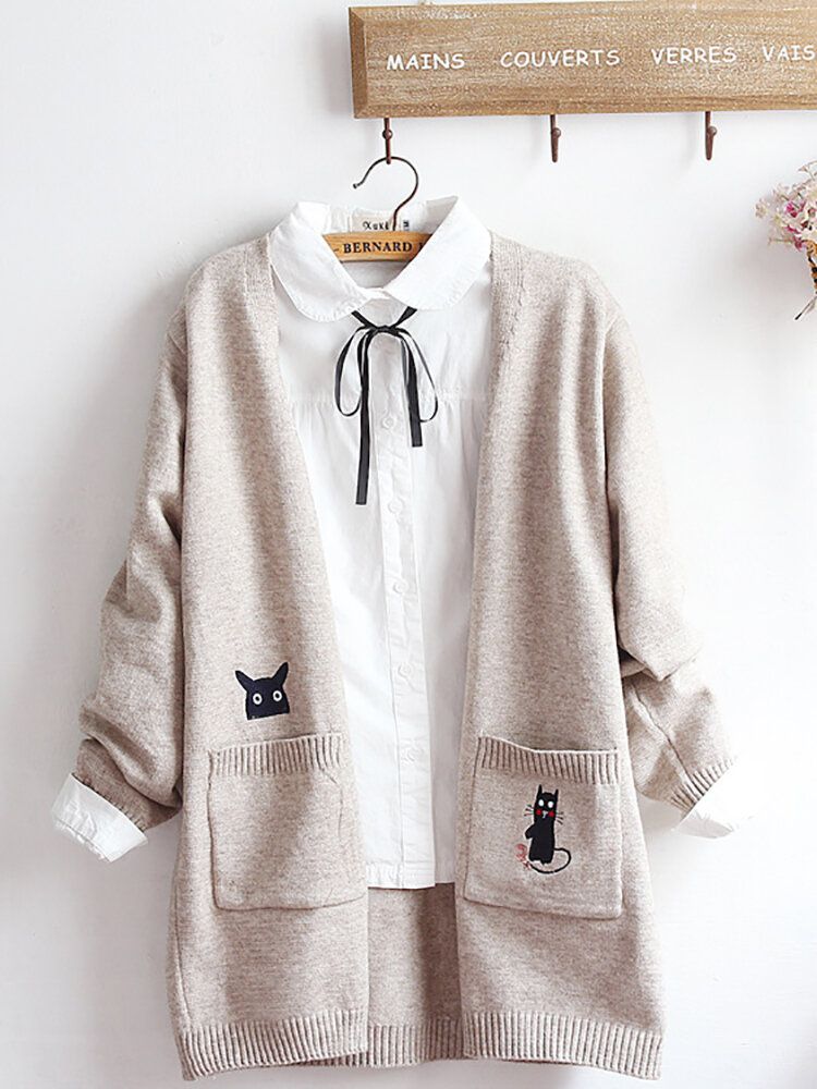 Broderi Cat Stickad Långtröja Cardigans