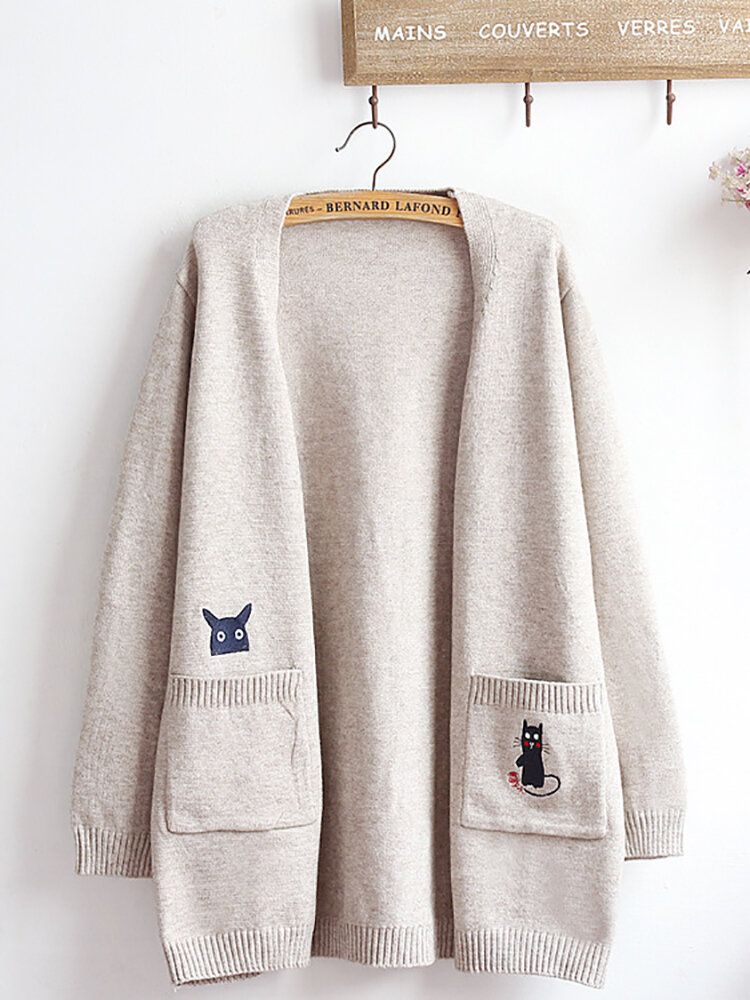 Broderi Cat Stickad Långtröja Cardigans