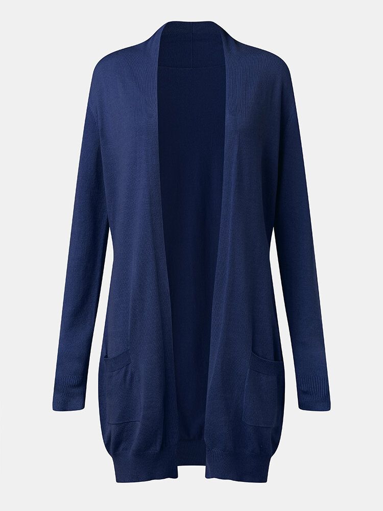 Casual Enfärgad Långärmad Plus Size Cardigan Med Fickor