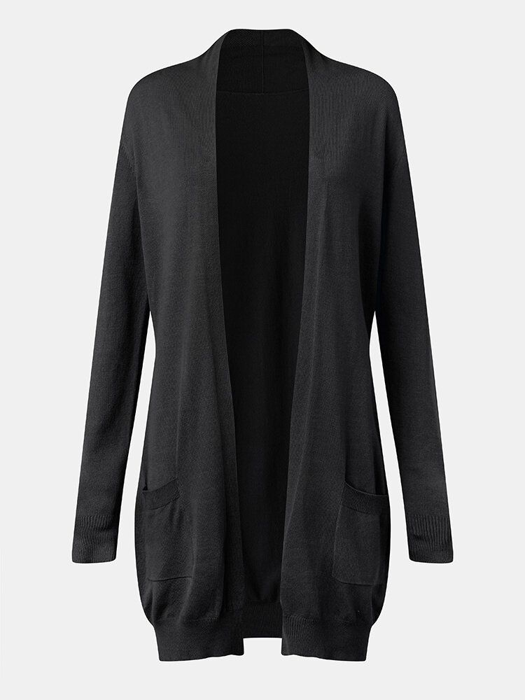 Casual Enfärgad Långärmad Plus Size Cardigan Med Fickor