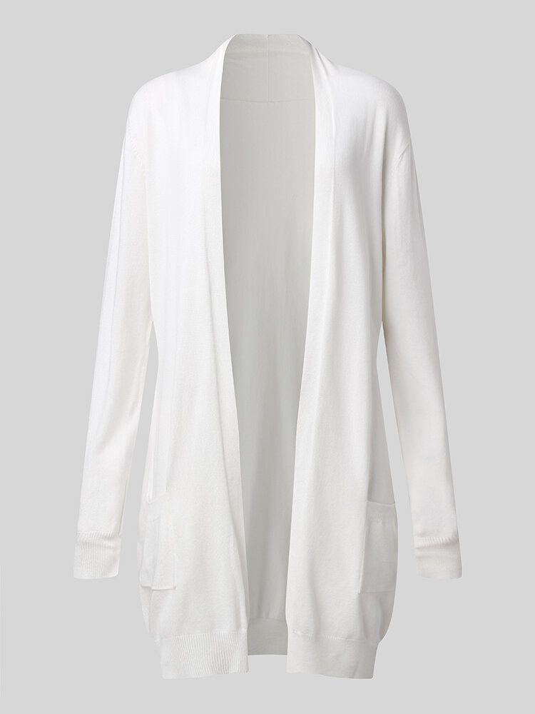 Casual Enfärgad Långärmad Plus Size Cardigan Med Fickor