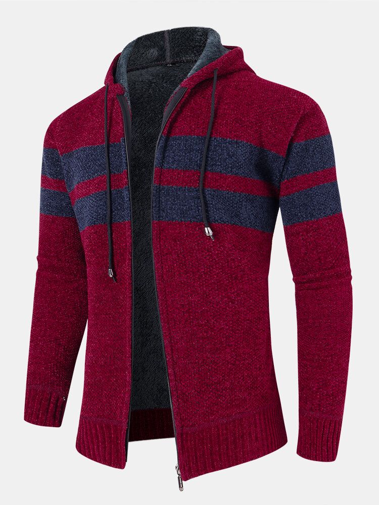 Colorblock Stickad Dragkedja För Män Varm Huvtröja Cardigans