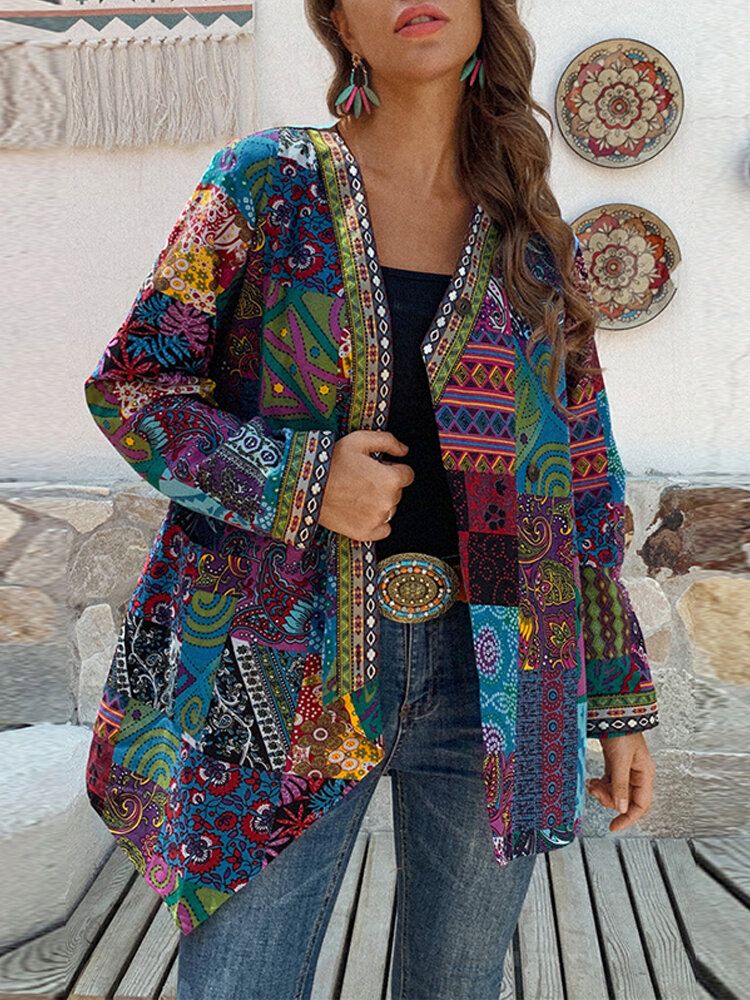 Dam Retro Blommönster Patchwork Långärmad Oregelbunden Bomull Etnisk Stil Vintage Cardigans