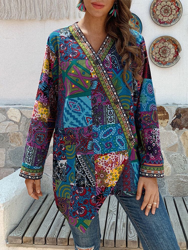 Dam Retro Blommönster Patchwork Långärmad Oregelbunden Bomull Etnisk Stil Vintage Cardigans