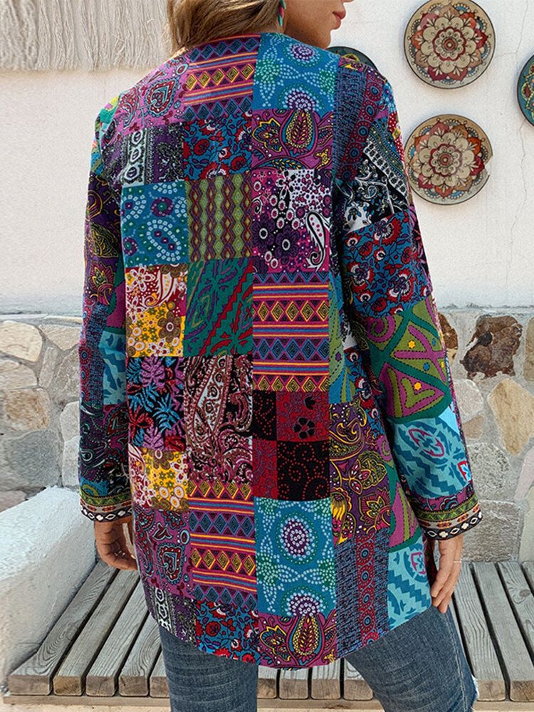 Dam Retro Blommönster Patchwork Långärmad Oregelbunden Bomull Etnisk Stil Vintage Cardigans