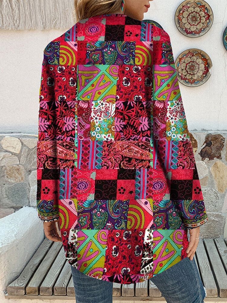 Dam Retro Blommönster Patchwork Långärmad Oregelbunden Bomull Etnisk Stil Vintage Cardigans