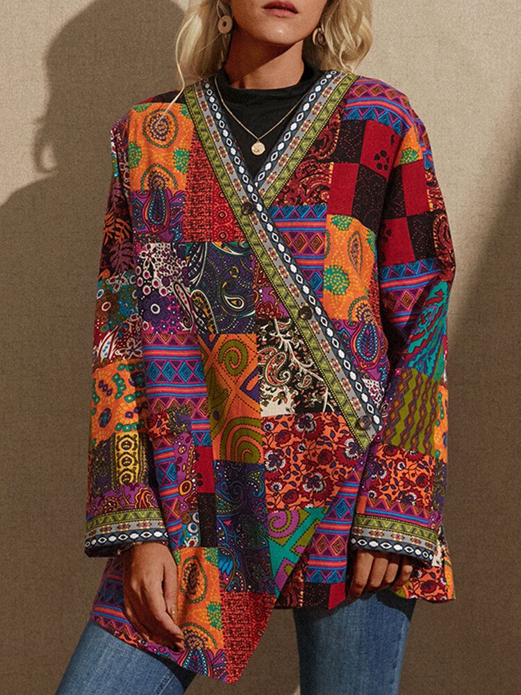 Dam Retro Blommönster Patchwork Långärmad Oregelbunden Bomull Etnisk Stil Vintage Cardigans