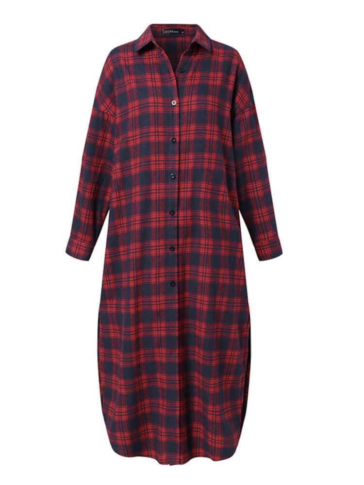 Dam Rutiga Retro Manschetter Delade Sidfickor Lapel Långärmad Shirtdress Cardigan