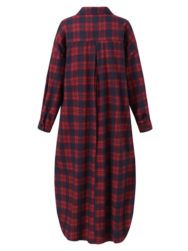 Dam Rutiga Retro Manschetter Delade Sidfickor Lapel Långärmad Shirtdress Cardigan