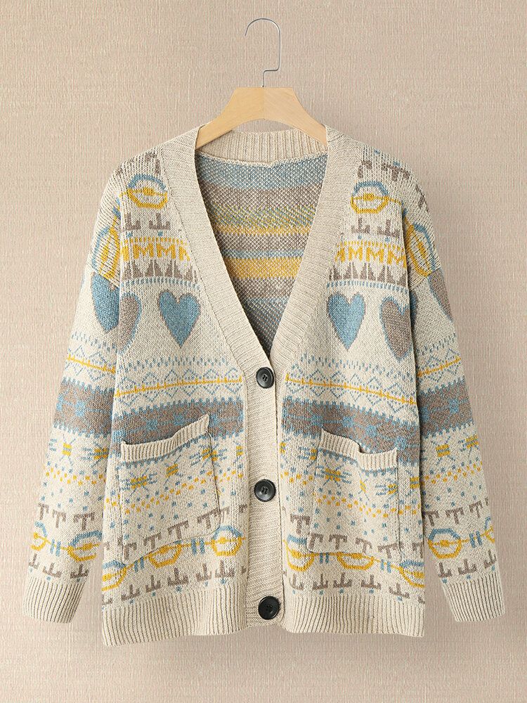 Dam Vintage Full Printing Mönster Långärmad Cardigan Med Ficka