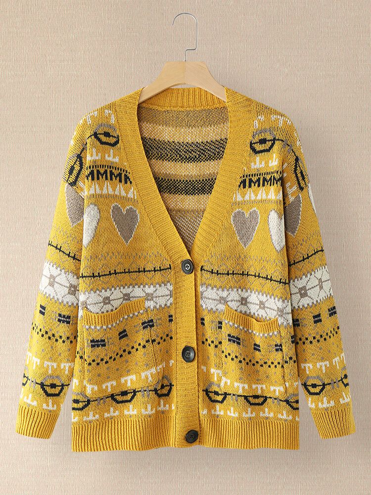 Dam Vintage Full Printing Mönster Långärmad Cardigan Med Ficka