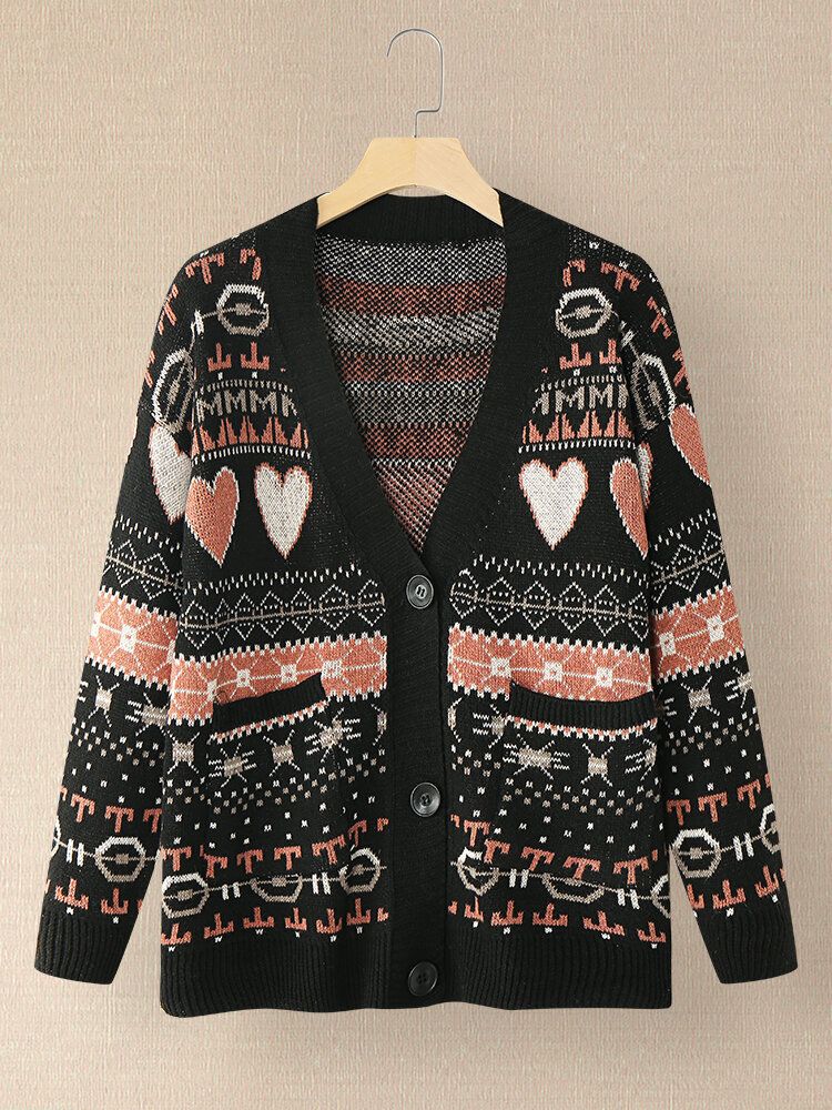 Dam Vintage Full Printing Mönster Långärmad Cardigan Med Ficka