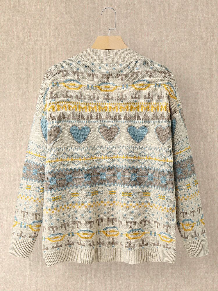 Dam Vintage Full Printing Mönster Långärmad Cardigan Med Ficka