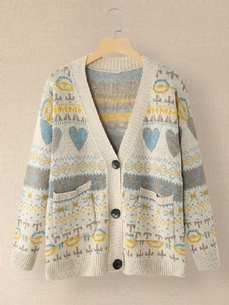 Dam Vintage Full Printing Mönster Långärmad Cardigan Med Ficka