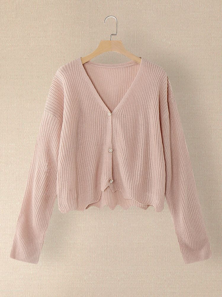 Damer Solid Enkel Mild Rosa Oregelbunden Fåll Daily Wear Stickad Cardigan