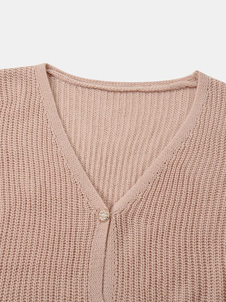 Damer Solid Enkel Mild Rosa Oregelbunden Fåll Daily Wear Stickad Cardigan