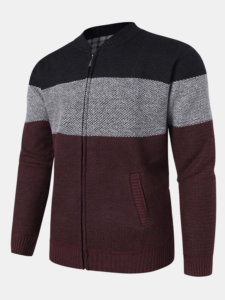 Herr Colorblock Stickad Dragkedja Basebollkrage Tröja Cardigans