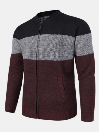 Herr Colorblock Stickad Dragkedja Basebollkrage Tröja Cardigans