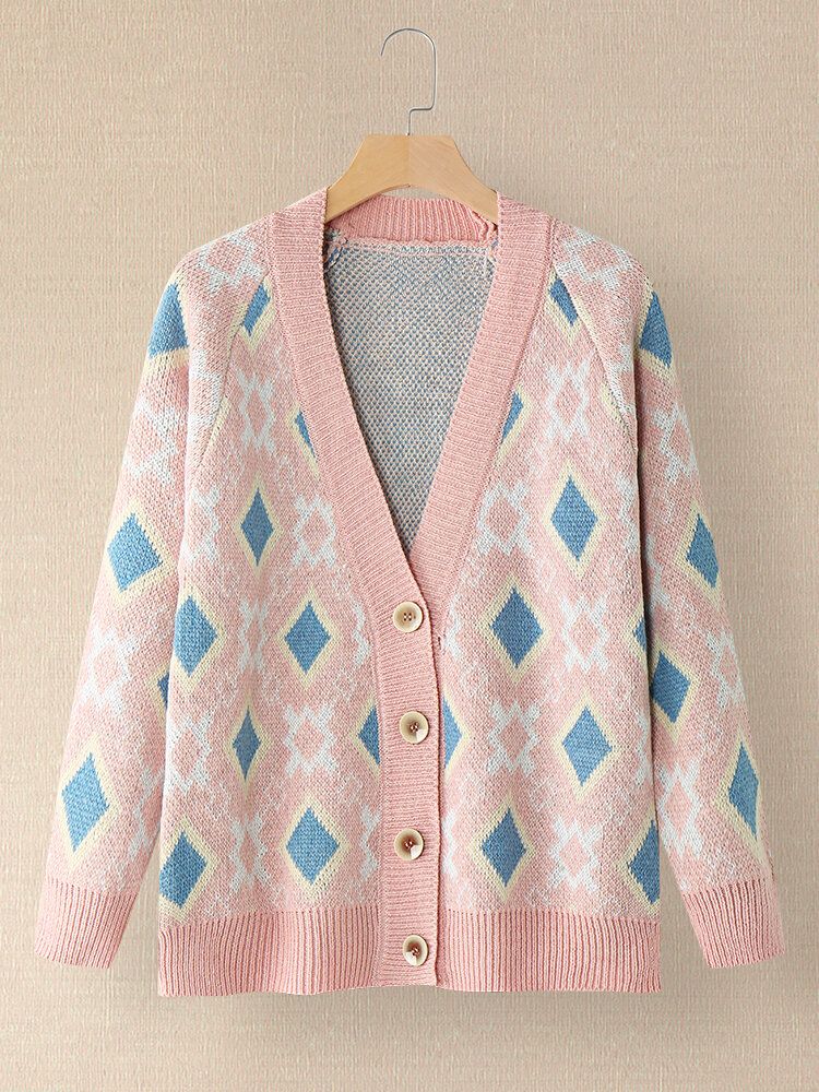 Kvinnor Argyle Mönster Geometrisk Stickad Casual Cardigan Med Animerad Knapp