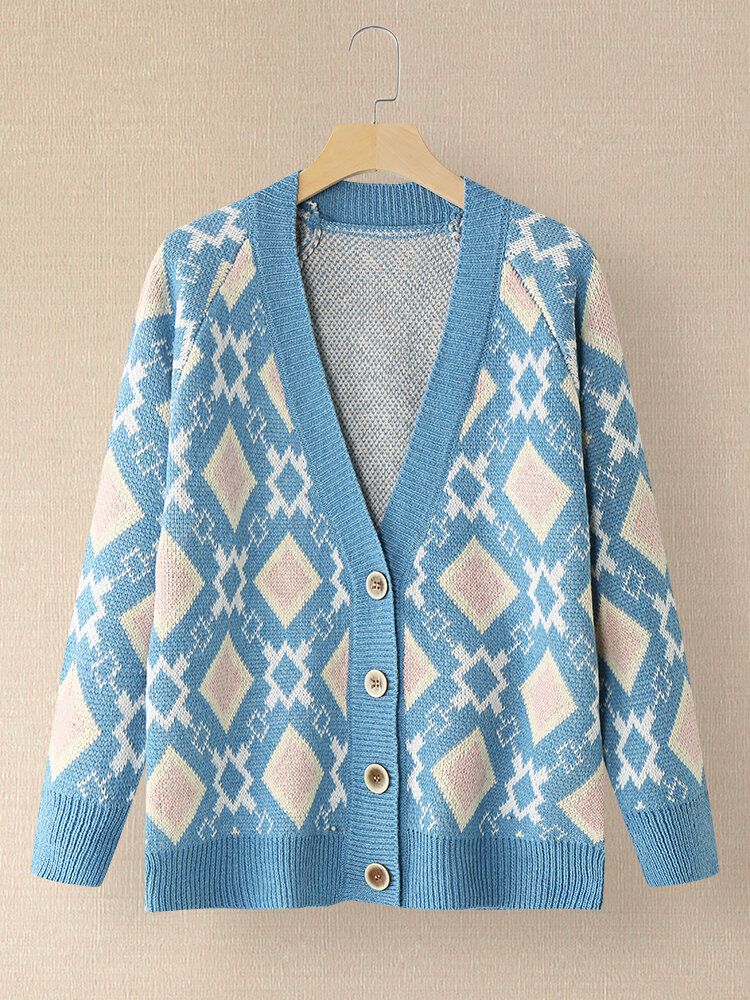 Kvinnor Argyle Mönster Geometrisk Stickad Casual Cardigan Med Animerad Knapp