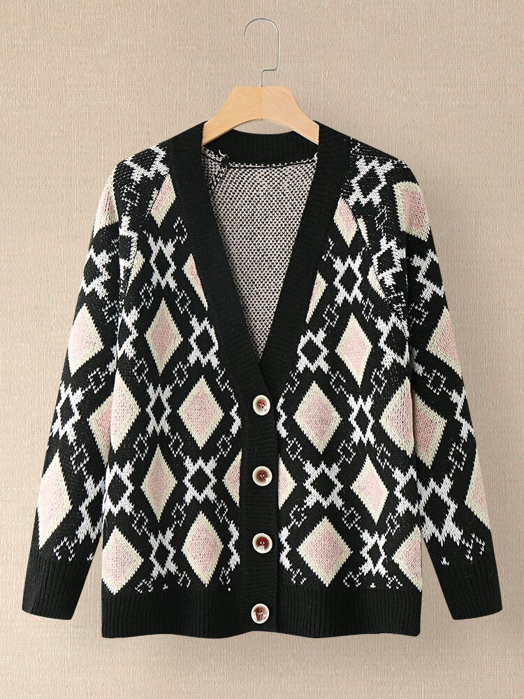 Kvinnor Argyle Mönster Geometrisk Stickad Casual Cardigan Med Animerad Knapp