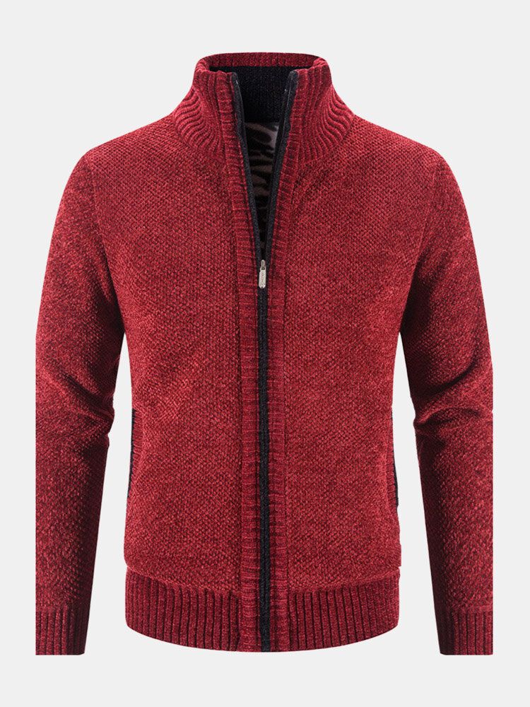 Män Stickade Plus Sammeter Elastiska Fållfickor Dragkedja Pure Solid Sweater Cardigans