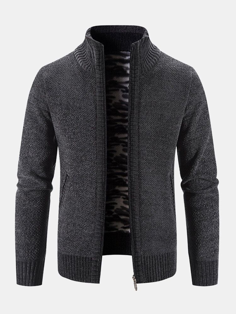 Män Stickade Plus Sammeter Elastiska Fållfickor Dragkedja Pure Solid Sweater Cardigans