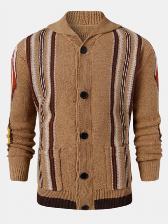 Stripe Herr Knapp-up Lapel Stickad Casual Double Pocket Cardigans