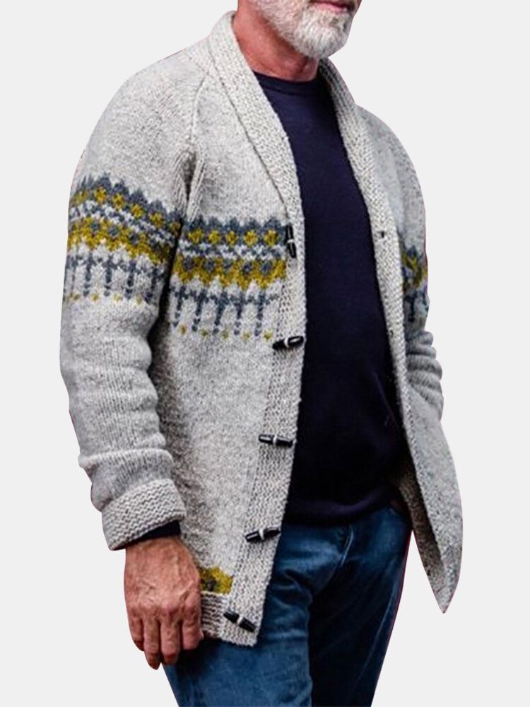 Vintage Mönsterstickad Knapp För Herrar Framtill Casual Cardigans Med Raglanärm